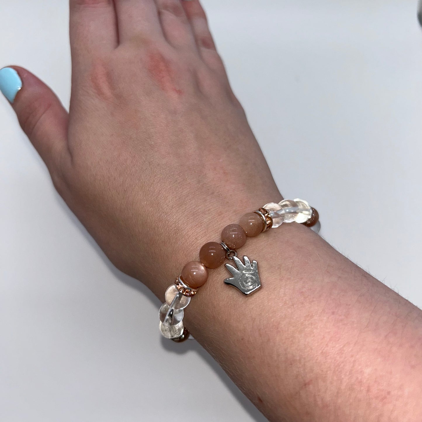 Peach Moonstone & Clear Quartz w/ Hand Charm