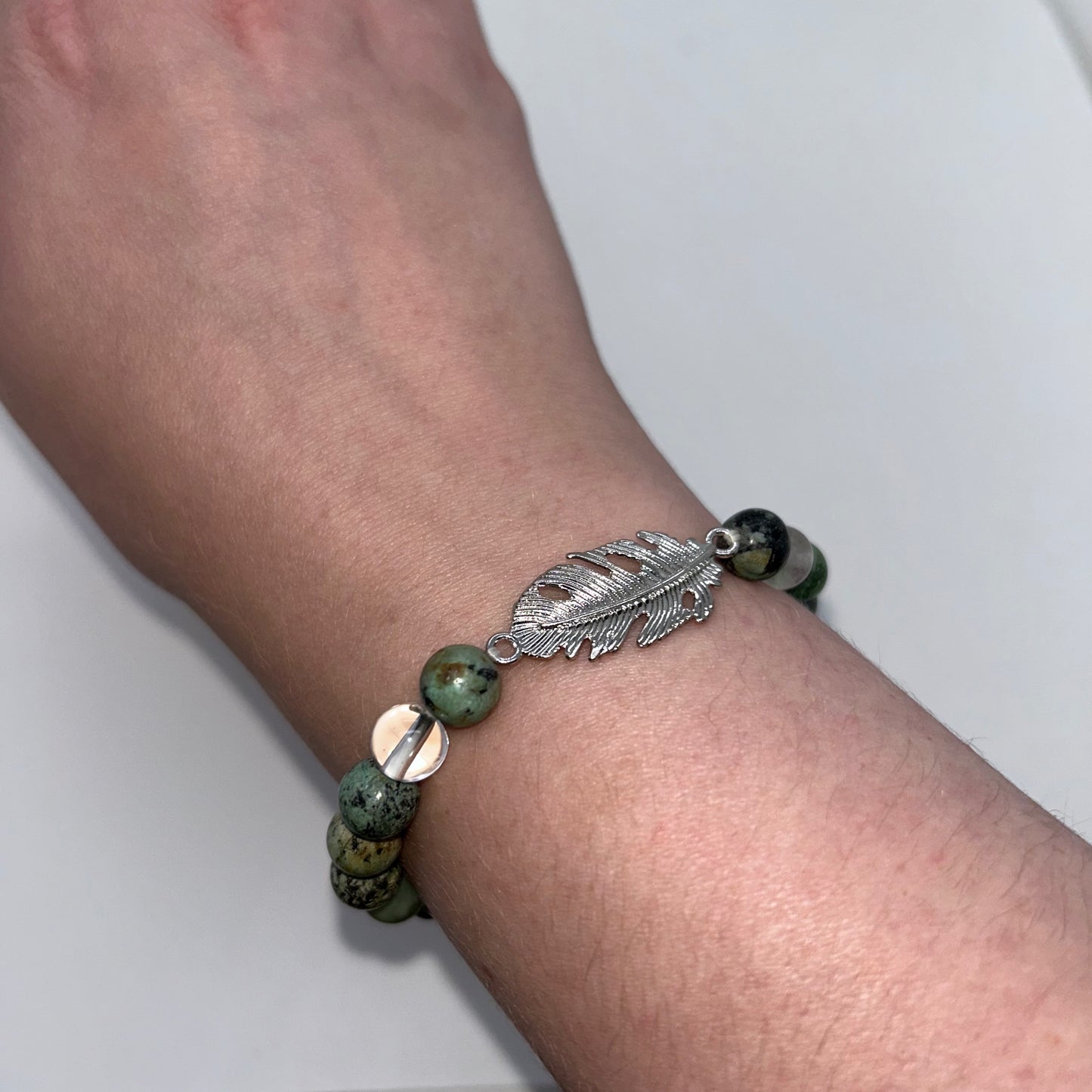 Turquoise & Clear Quartz w/ Feather Charm