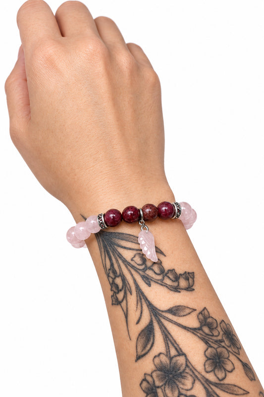 Eudialyte & Rose Quartz w/ Wing Charm Bracelet