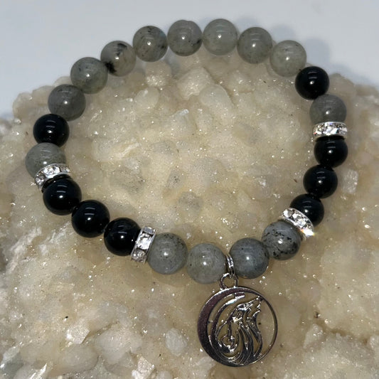 Labradorite & Black Tourmaline w/ Wolf Charm