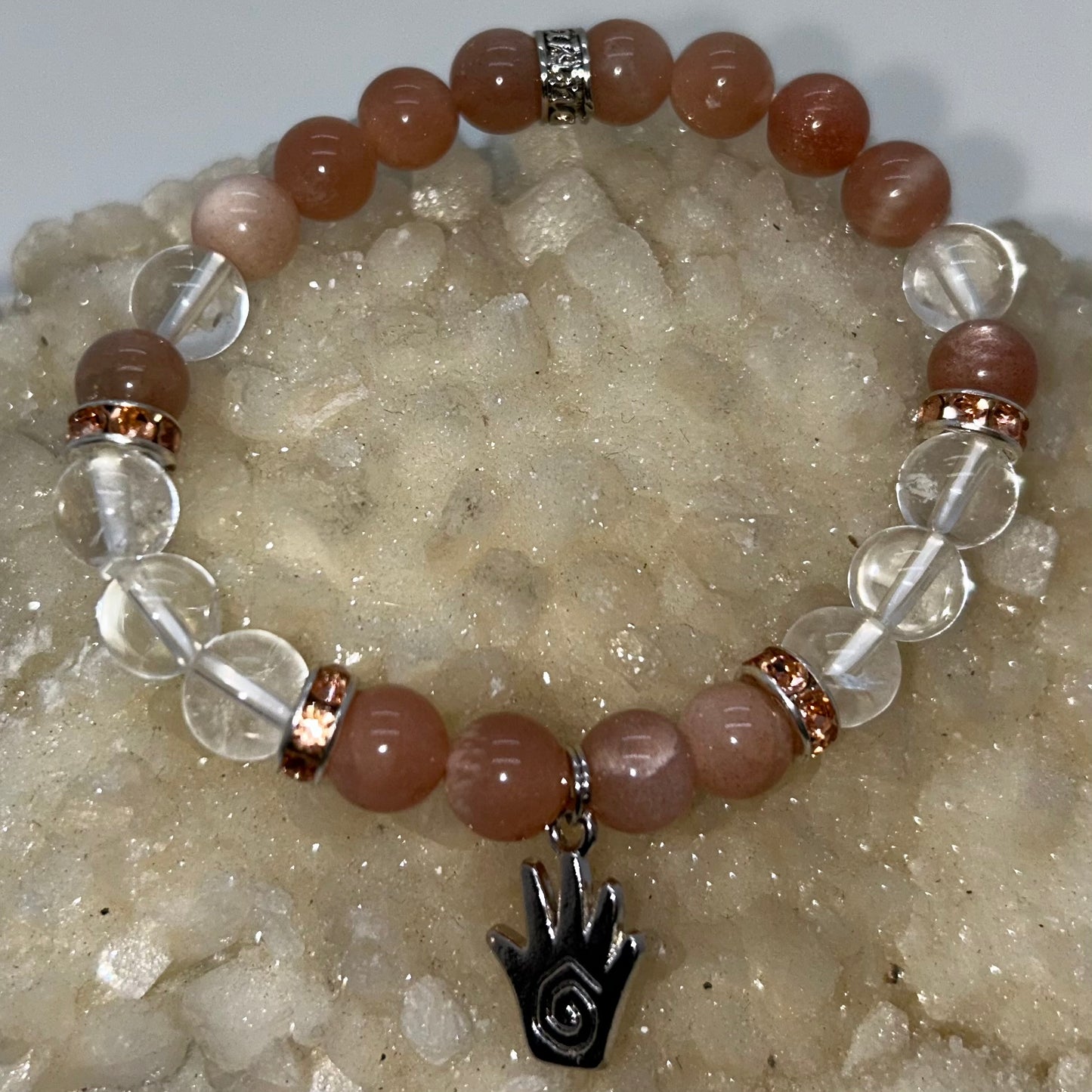 Peach Moonstone & Clear Quartz w/ Hand Charm