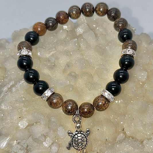 Bronzite & Rainbow Obsidian w/ Turtle Charm