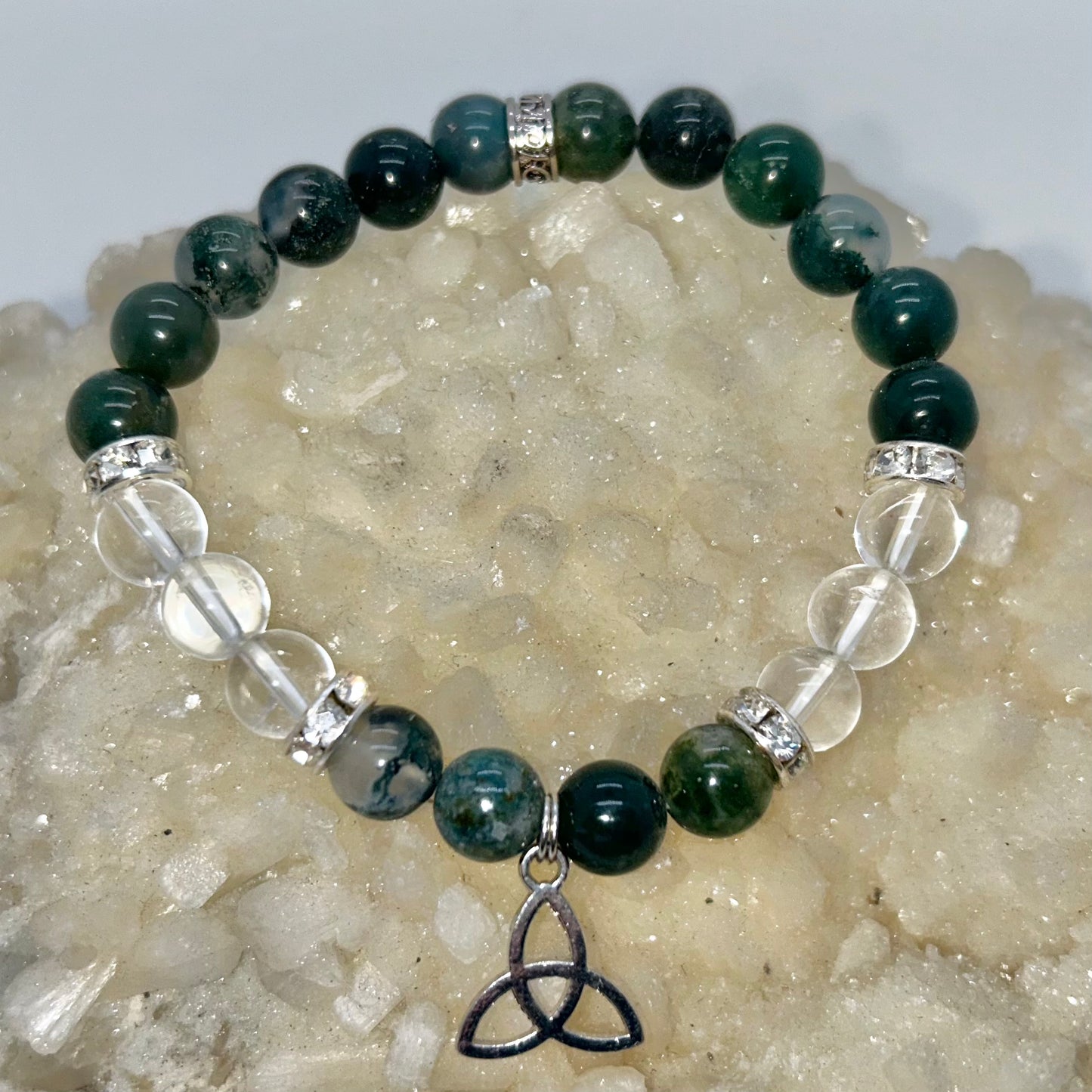 Moss Agate & Clear Quartz w/ Celtic Charm