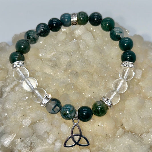 Moss Agate & Clear Quartz w/ Celtic Charm